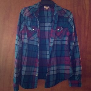 Purple blue and teal plaid flannel pearl snaps